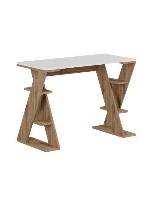 Scrivania Papillon rovere e bianco con gambe a X e ripiani integrati 106x50x75
