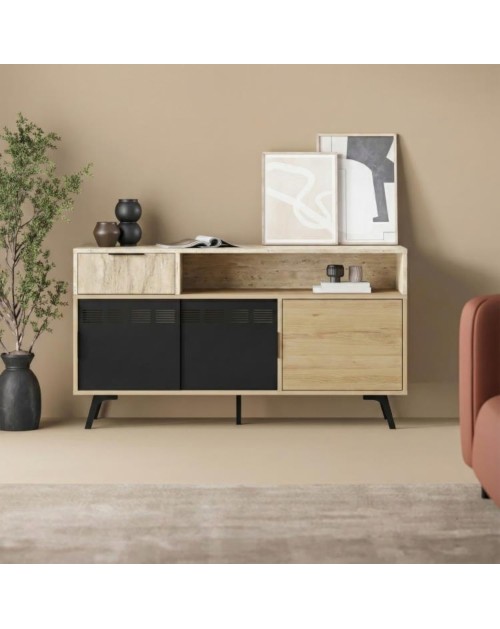 Madia Lulia Rovere e Travertino L 140 cm con Ante Scorrevoli in Metallo e Cassetto