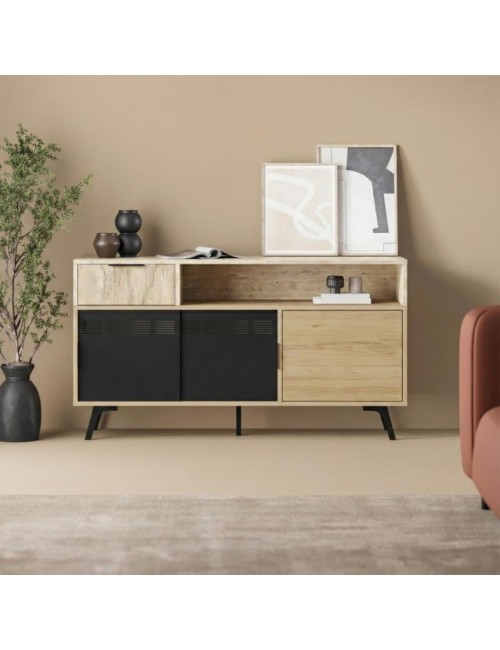 Madia Lulia Rovere e Travertino L 140 cm con Ante Scorrevoli in Metallo e Cassetto