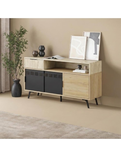 Madia Lulia Rovere e Travertino L 140 cm con Ante Scorrevoli in Metallo e Cassetto