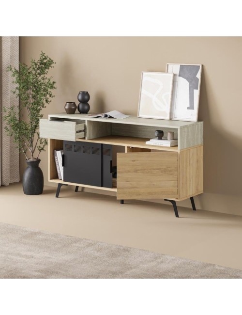 Madia Lulia Rovere e Travertino L 140 cm con Ante Scorrevoli in Metallo e Cassetto
