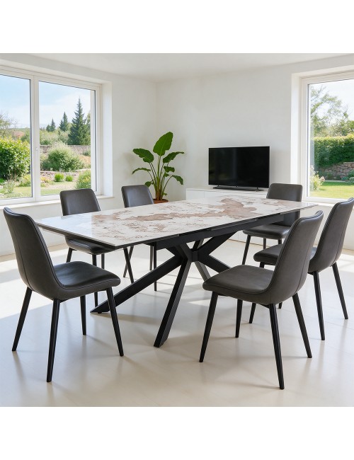 Tavolo allungabile Roxane con piano in ceramica effetto marmo arabesque pandora lucido 160x90x76H