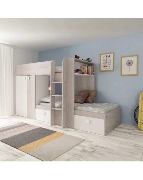 Letto a castello bianco e bianco vintage con armadio e cassetti 1266