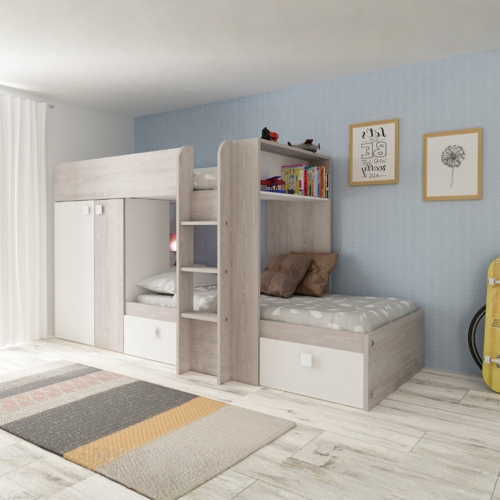 Letto a castello bianco e bianco vintage con armadio e cassetti 1266