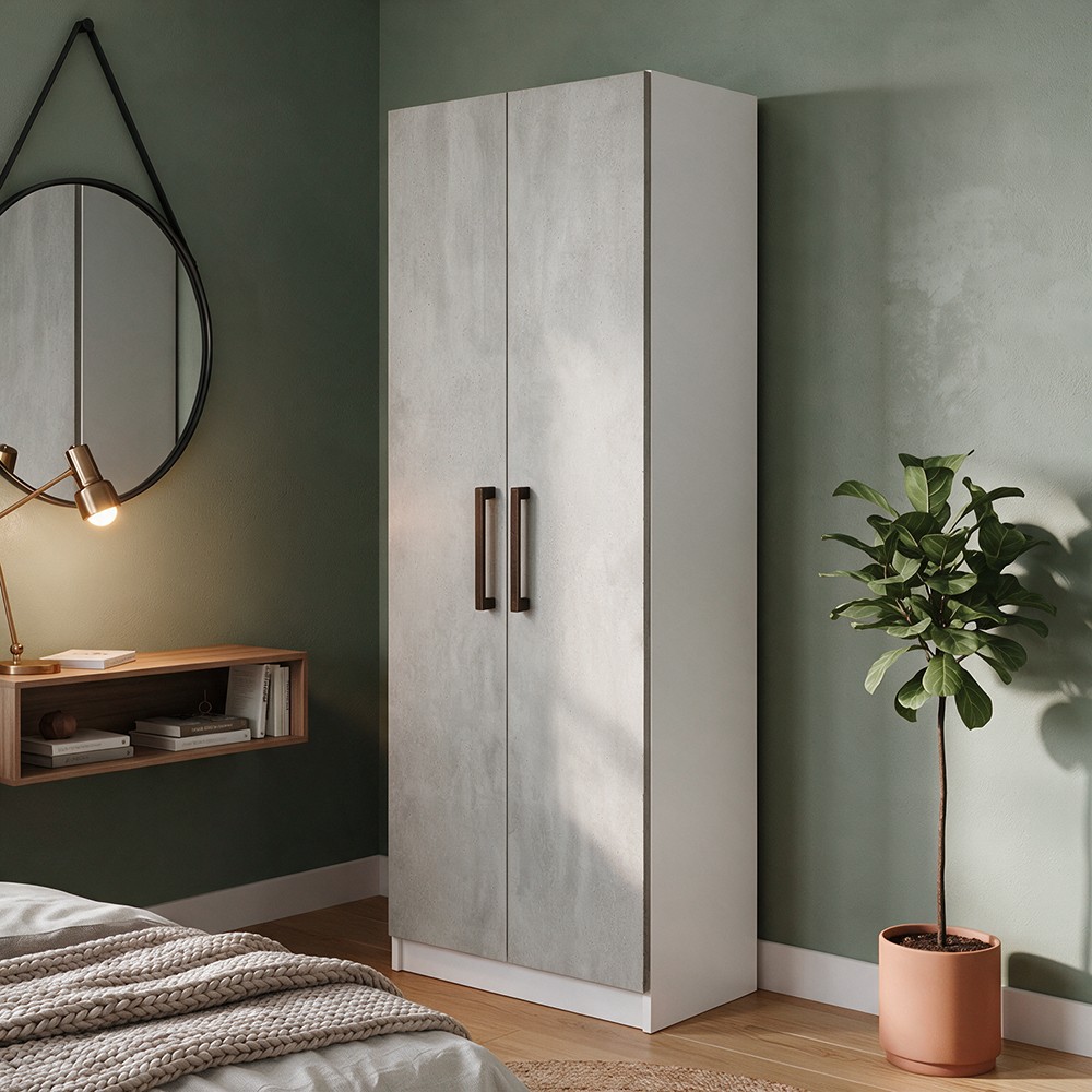 Armadio 2 Ante 90 cm H 247 cm Bianco e cemento Made in Italy