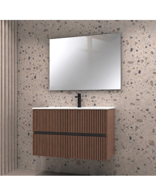 Mobile bagno sospeso Belfast con due cassetti noce effetto cannettato e specchio 80x45x50H
