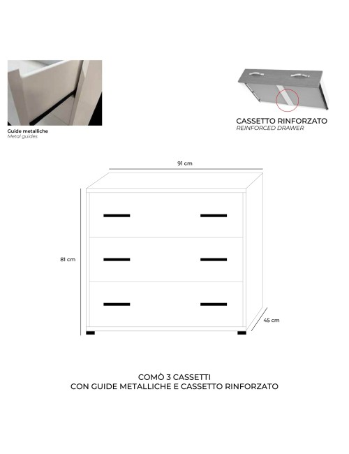Comò 3 cassetti colore noce naturale 91x45x81H