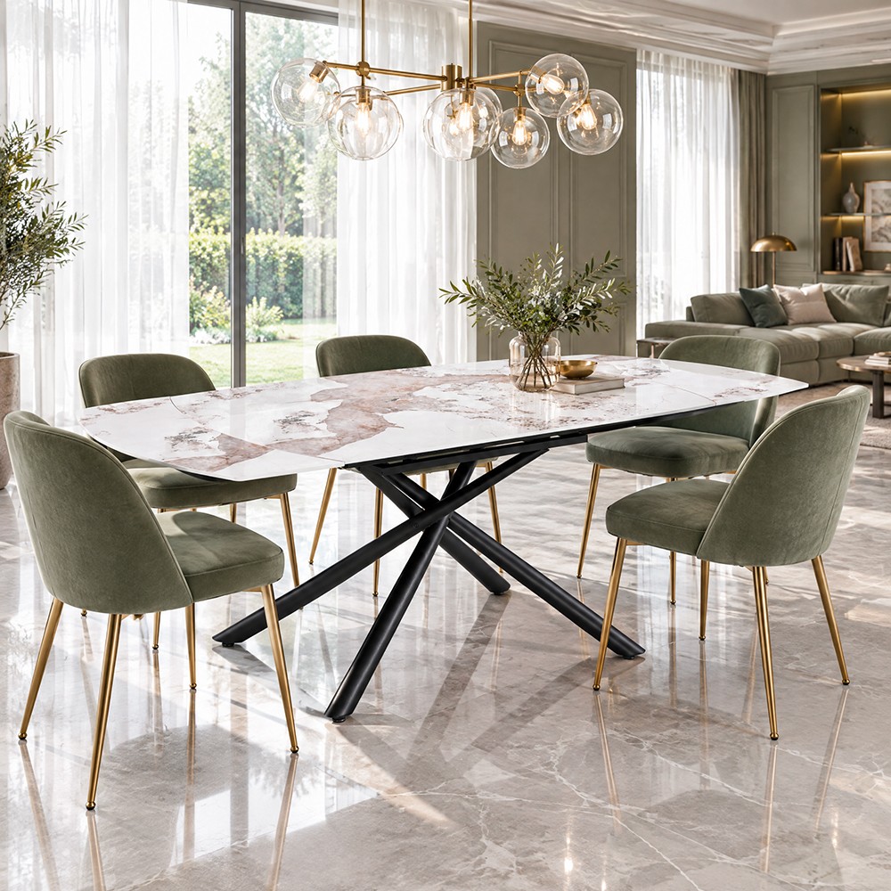 Tavolo girevole allungabile Astrid piano ceramica effetto marmo Arabesque Pandora Lucido 140x90x76H