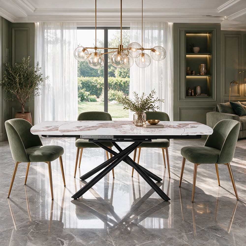 Tavolo girevole allungabile Astrid piano ceramica effetto marmo Arabesque Pandora Lucido 160x90x76H