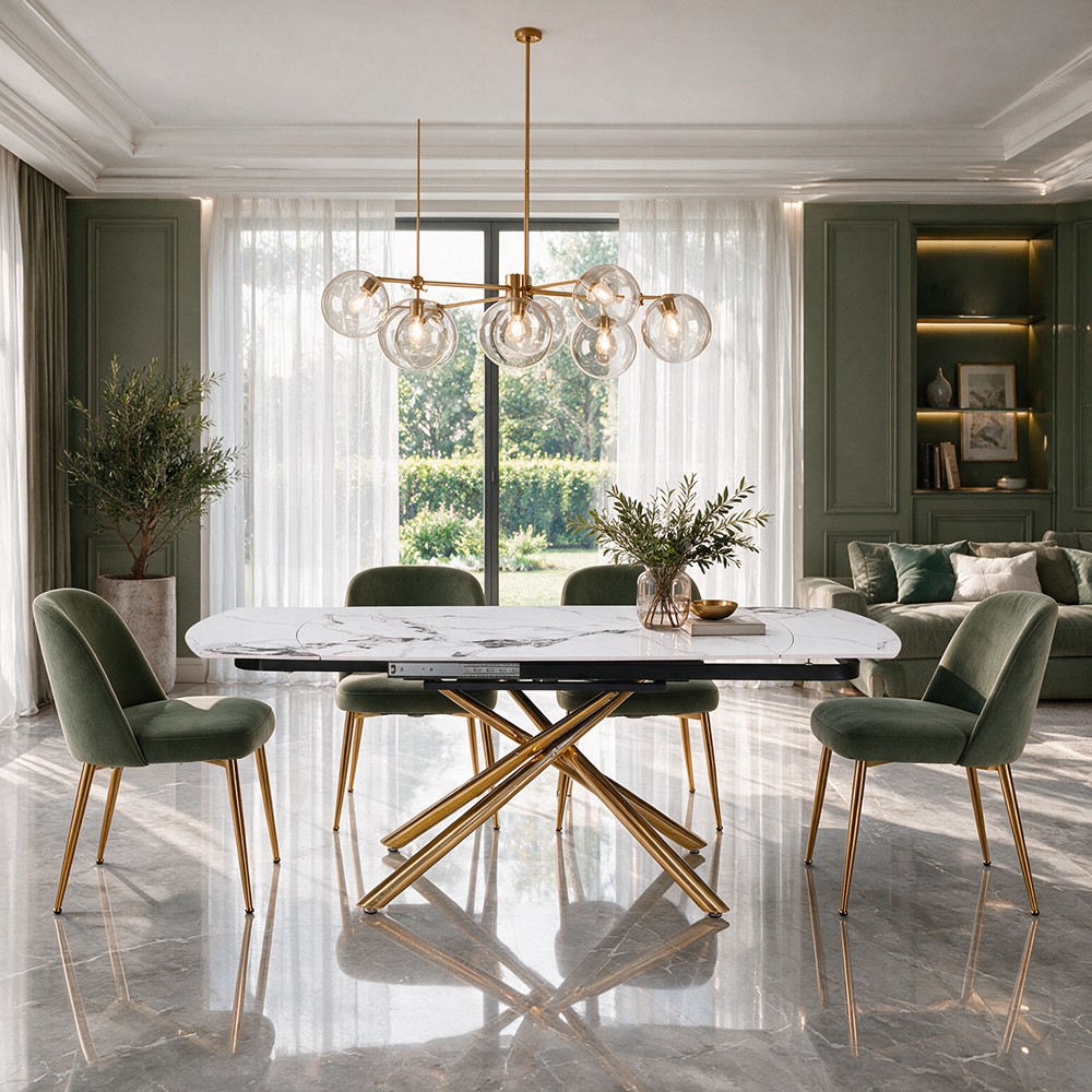 Tavolo girevole allungabile Astrid piano ceramica effetto marmo bianco Patek Lucido gambe Oro 160x90x76H