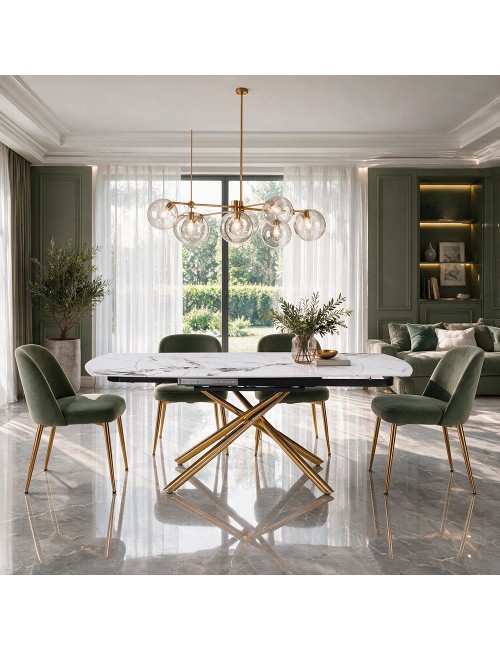 Tavolo girevole allungabile Astrid piano ceramica effetto marmo bianco Patek Lucido gambe Oro 160x90x76H