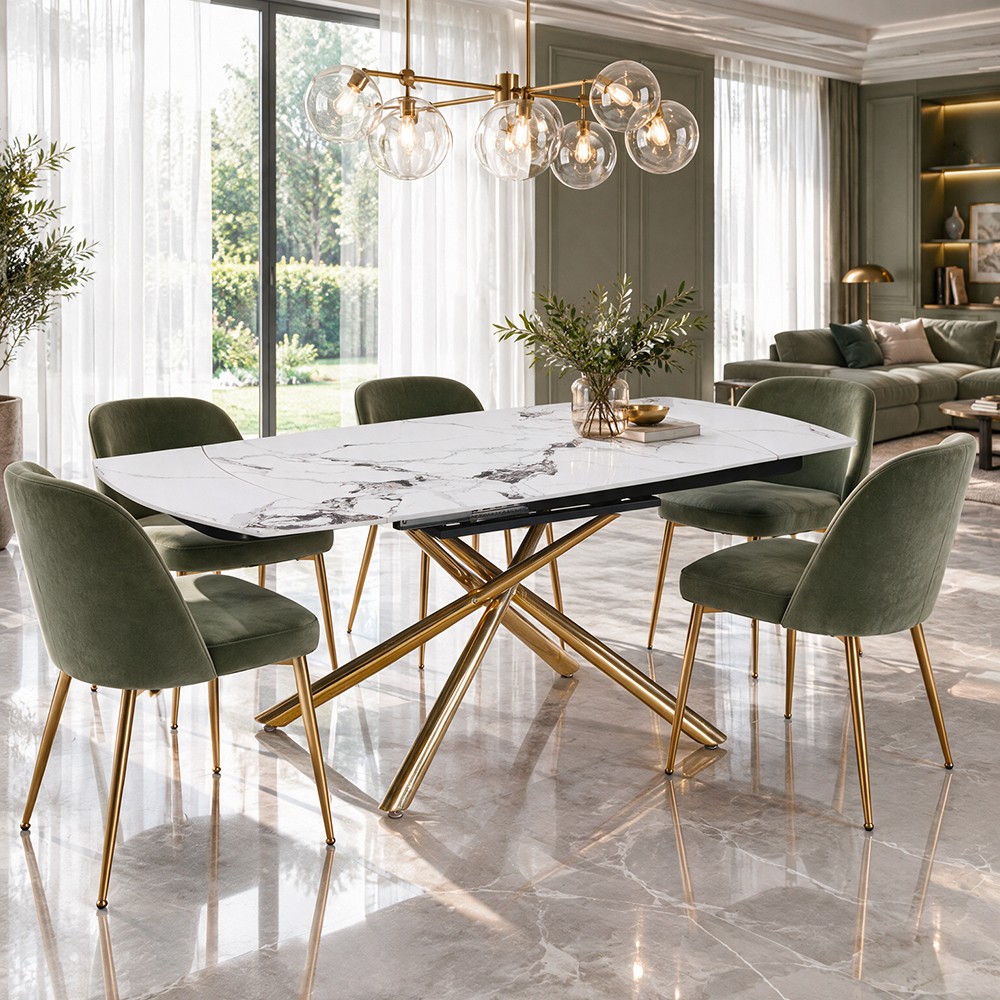 Tavolo girevole allungabile Astrid piano ceramica effetto marmo bianco Patek Lucido gambe oro 140x90x76H