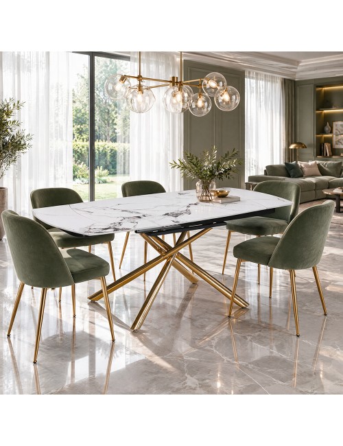 Tavolo girevole allungabile Astrid piano ceramica effetto marmo bianco Patek Lucido gambe oro 140x90x76H