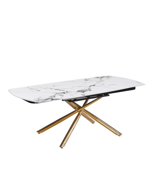 Tavolo girevole allungabile Astrid piano ceramica effetto marmo bianco Patek Lucido gambe oro 140x90x76H