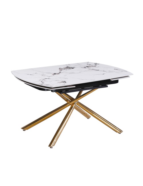 Tavolo girevole allungabile Astrid piano ceramica effetto marmo bianco Patek Lucido gambe oro 140x90x76H