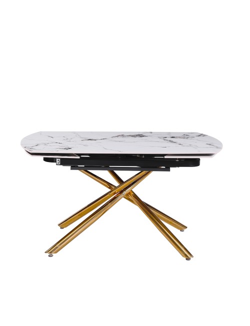 Tavolo girevole allungabile Astrid piano ceramica effetto marmo bianco Patek Lucido gambe oro 140x90x76H