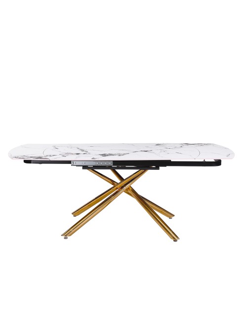 Tavolo girevole allungabile Astrid piano ceramica effetto marmo bianco Patek Lucido gambe oro 140x90x76H