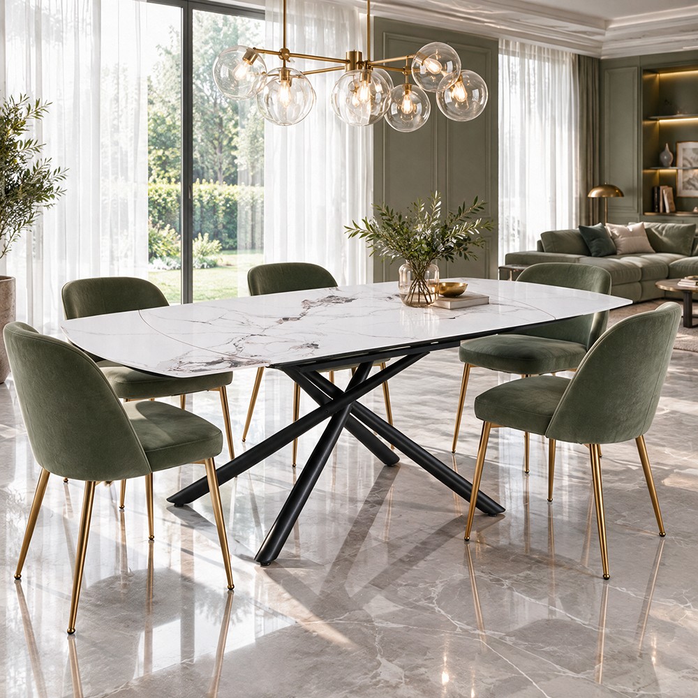 Tavolo girevole allungabile Astrid piano ceramica effetto marmo bianco Patek Lucido 140x90x76H