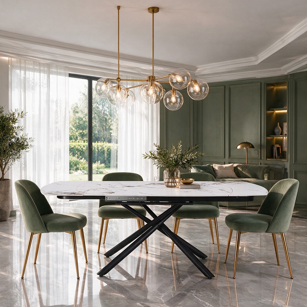 Tavolo girevole allungabile Astrid piano ceramica effetto marmo bianco Patek Lucido 160x90x76H