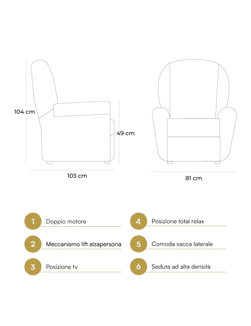 Poltrona Alzapersona Elettrica Lia 2 Motori in Tessuto Grafite Recliner