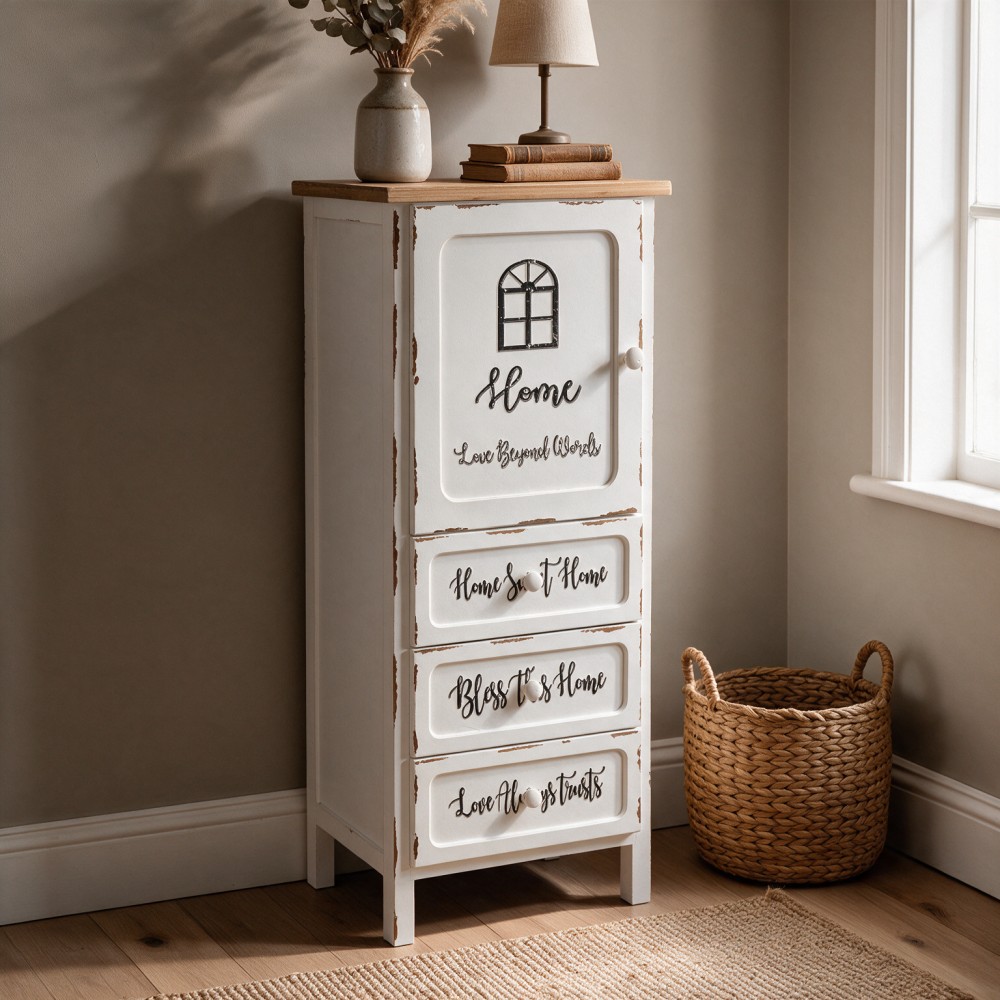 Mobile Multiuso Shabby Chic Breslavia 1 Anta 3 Cassetti Bianco e Top Rovere - H 120 cm