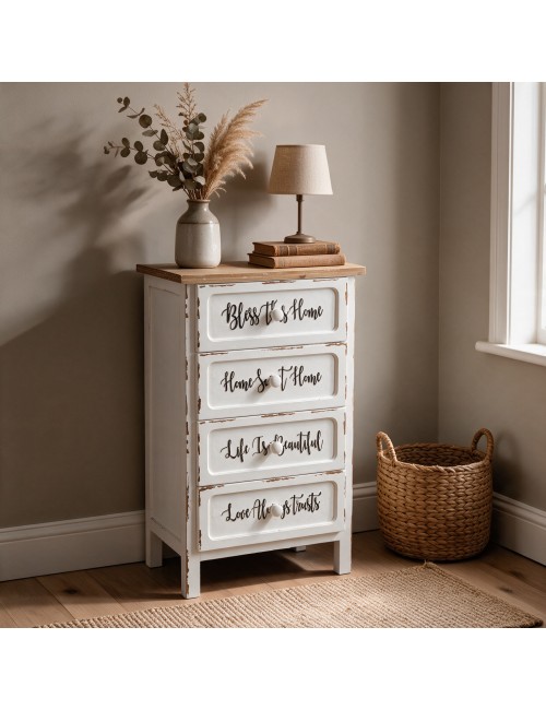 Mobile Multiuso Shabby Chic Breslavia con 4 Cassetti Bianco e Top Rovere - H 88 cm