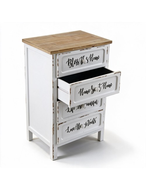 Mobile Multiuso Shabby Chic Breslavia con 4 Cassetti Bianco e Top Rovere - H 88 cm