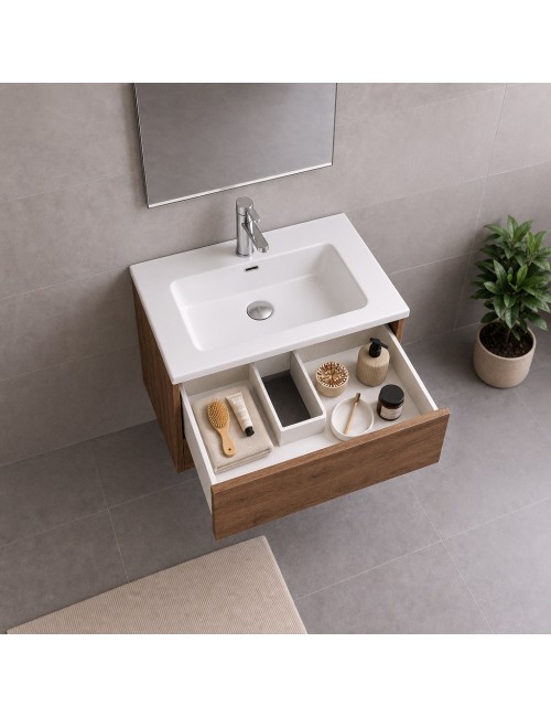 Mobile Bagno Sospeso 70 cm Mike con Lavabo e 2 Cassetti Rovere Naturale Made in Italy