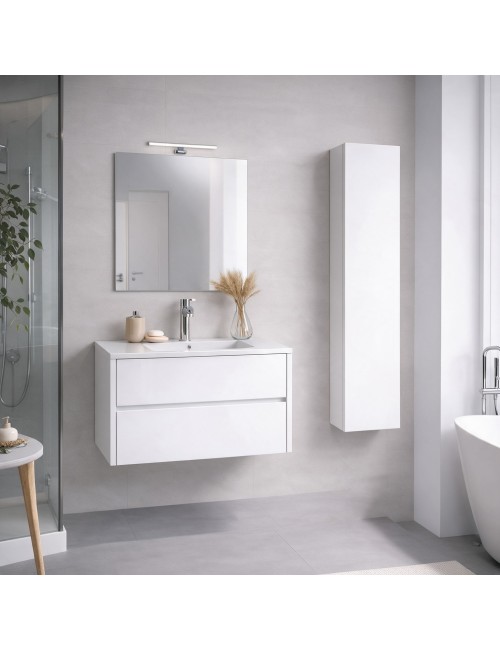 Mobile Bagno Sospeso 80 cm Mike con Lavabo e 2 Cassetti Bianco lucido Made in Italy