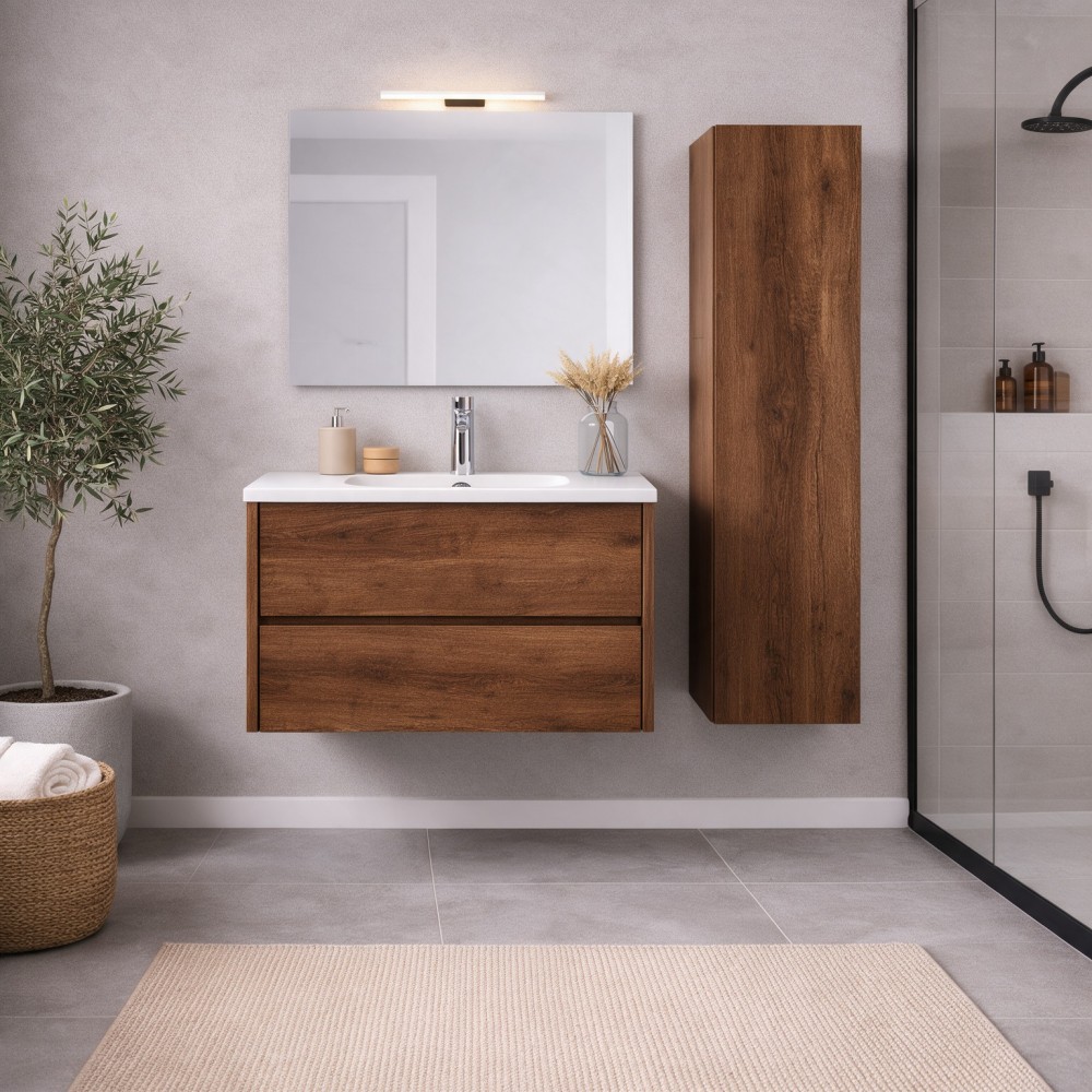 Mobile Bagno Sospeso 80 cm Mike con Lavabo e 2 Cassetti Rovere Naturale Made in Italy