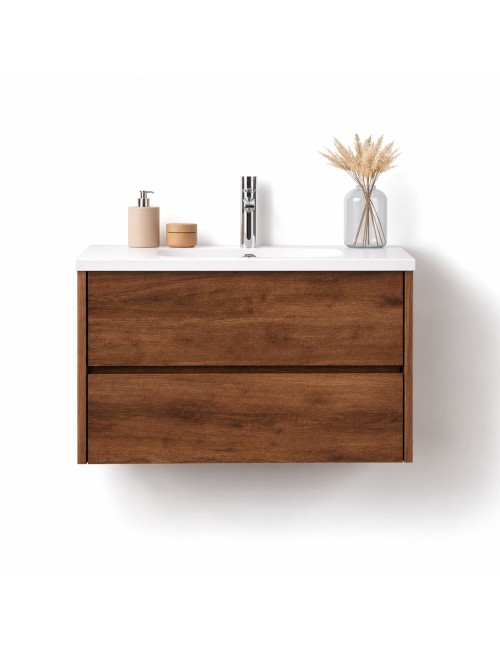 Mobile Bagno Sospeso 80 cm Mike con Lavabo e 2 Cassetti Rovere Naturale Made in Italy
