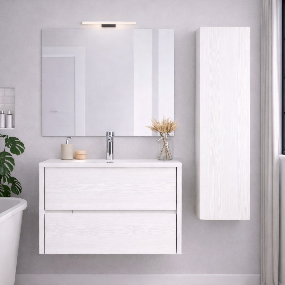 Mobile Bagno Sospeso 80 cm Mike con Lavabo e 2 Cassetti Bianco Frassinato Made in Italy