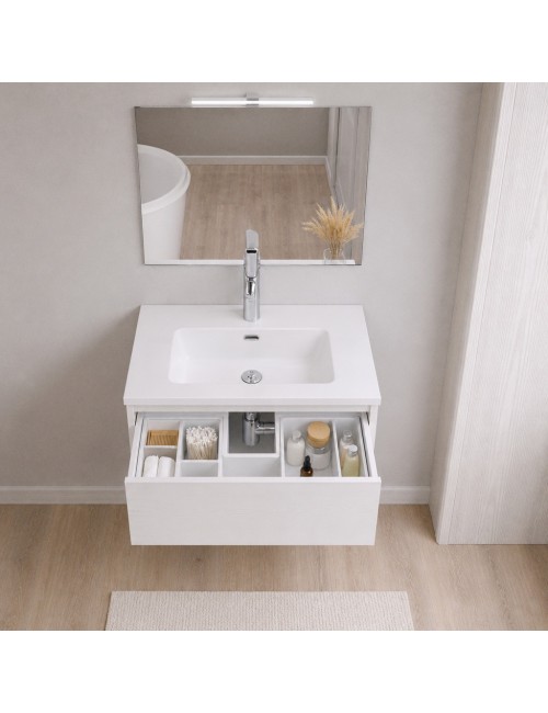 Mobile Bagno Sospeso 80 cm Mike con Lavabo e 2 Cassetti Bianco Frassinato Made in Italy
