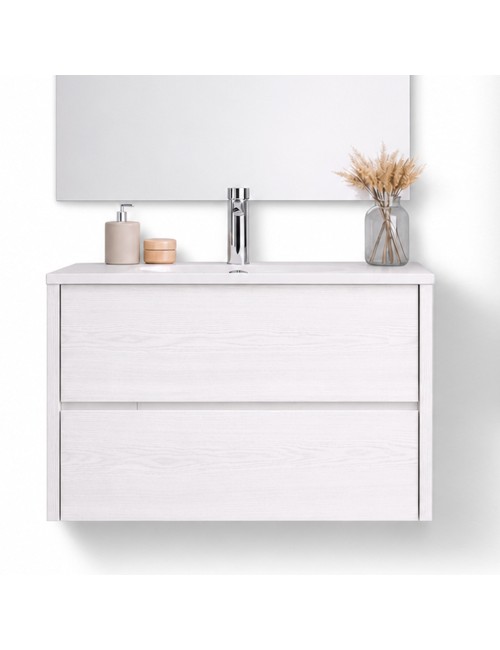 Mobile Bagno Sospeso 80 cm Mike con Lavabo e 2 Cassetti Bianco Frassinato Made in Italy