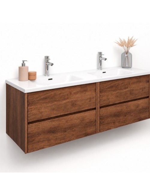 Mobile Bagno Sospeso 140 cm Mike Doppia Vasca 4 Cassetti Rovere Naturale Made in Italy